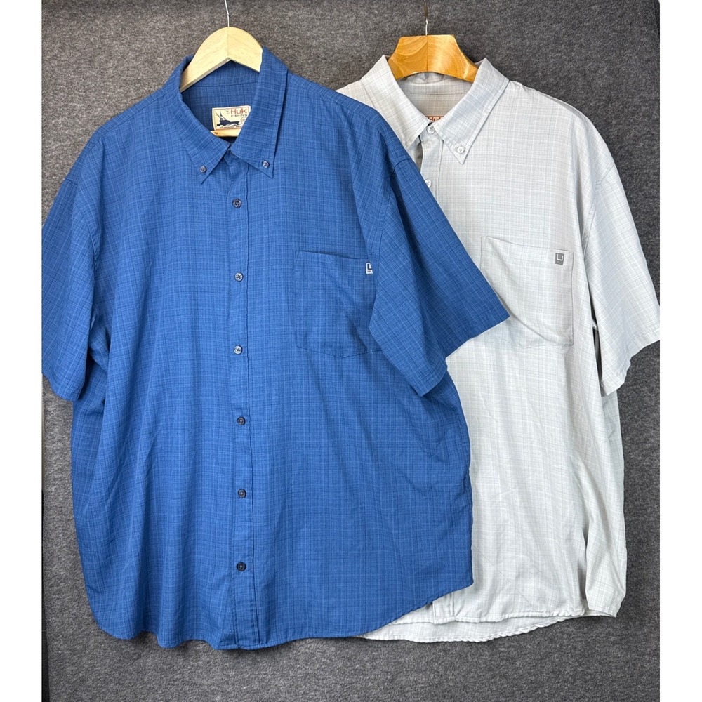 Lot of 2 Huk Fishing Shirt Men XXXL Blue & Gray Short Sleeve Button Down Sailing